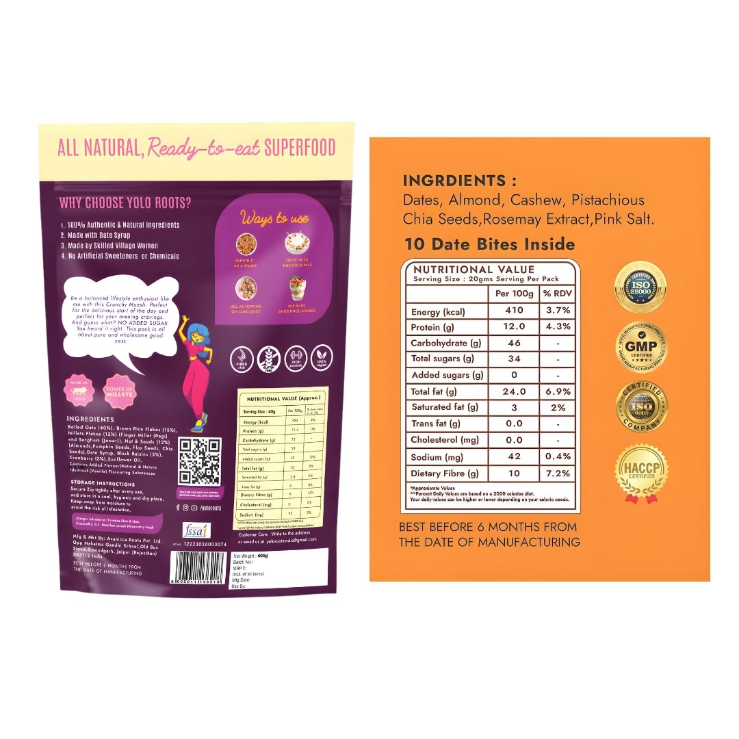 Yolo Roots Multigrain Crunchy Muesli 400g & Date & Nut Bites Barfi 200g Combo