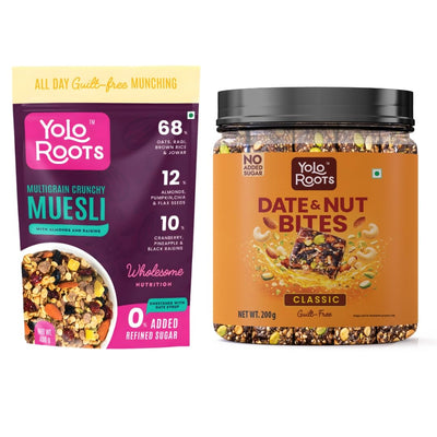 Yolo Roots Multigrain Crunchy Muesli 400g & Date & Nut Bites Barfi 200g Combo