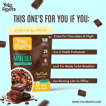 Yolo Roots Choco Crunchy Muesli 400g & Date Nut Bites Barfi 200g Combo