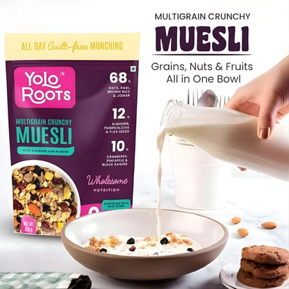 Yolo Roots Multigrain Crunchy Muesli 400g & Date & Nut Bites Barfi 200g Combo