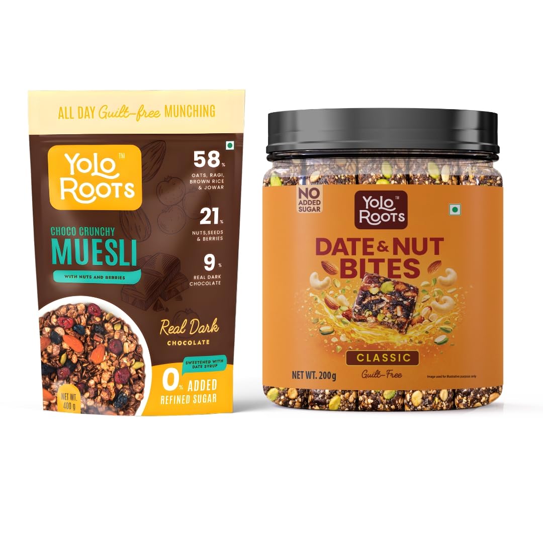 Yolo Roots Choco Crunchy Muesli 400g & Date Nut Bites Barfi 200g Combo