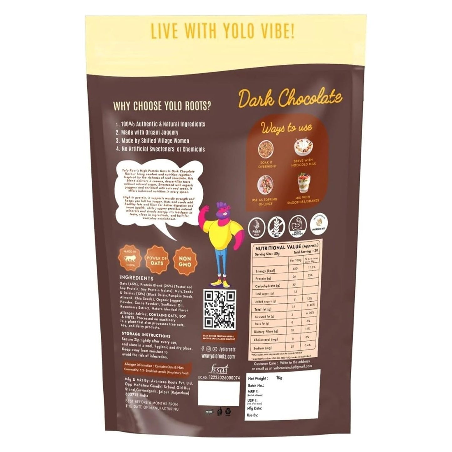 High Protein Dark Chocolate Oats 26g - Sweetened With Organic Jaggery