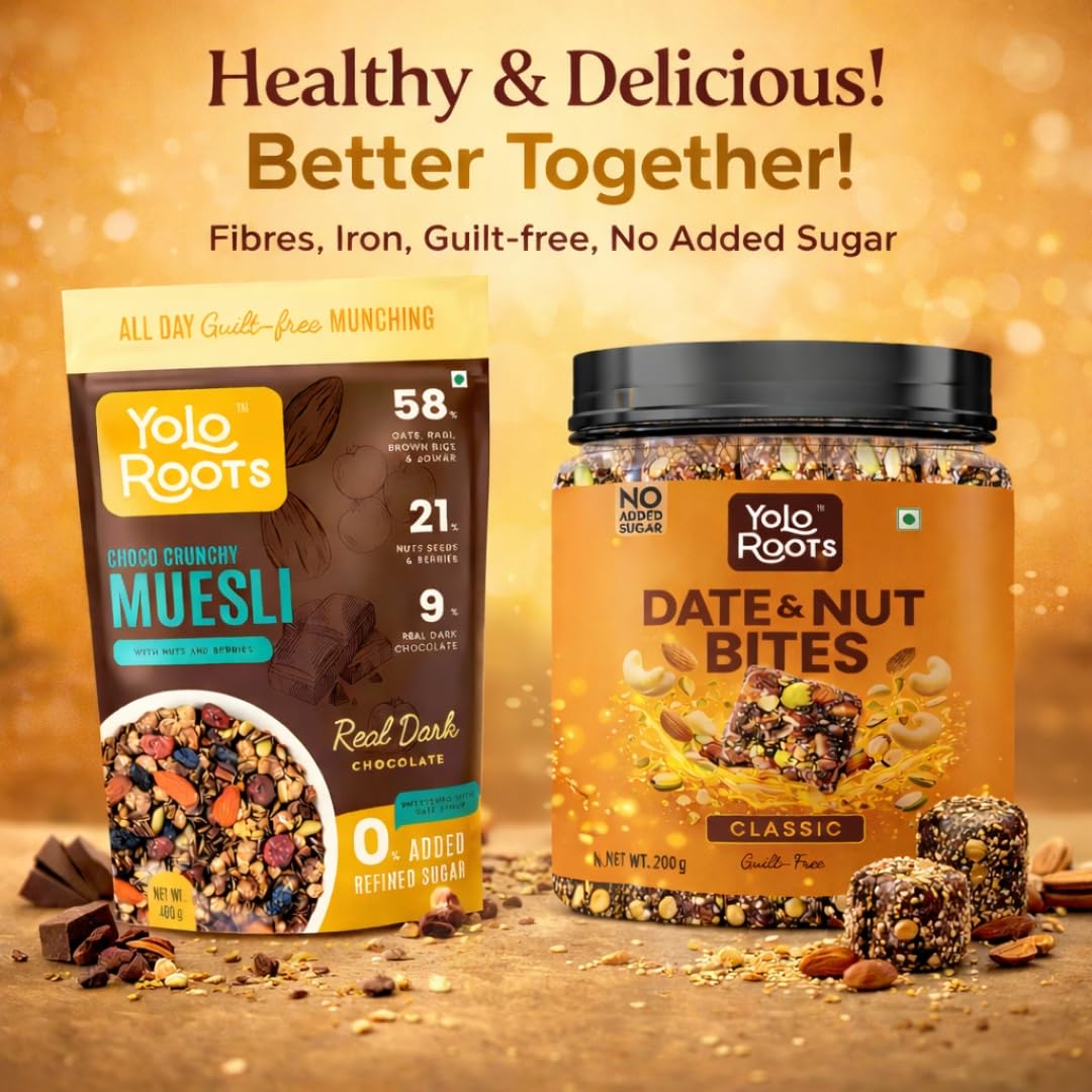 Yolo Roots Choco Crunchy Muesli 400g & Date Nut Bites Barfi 200g Combo