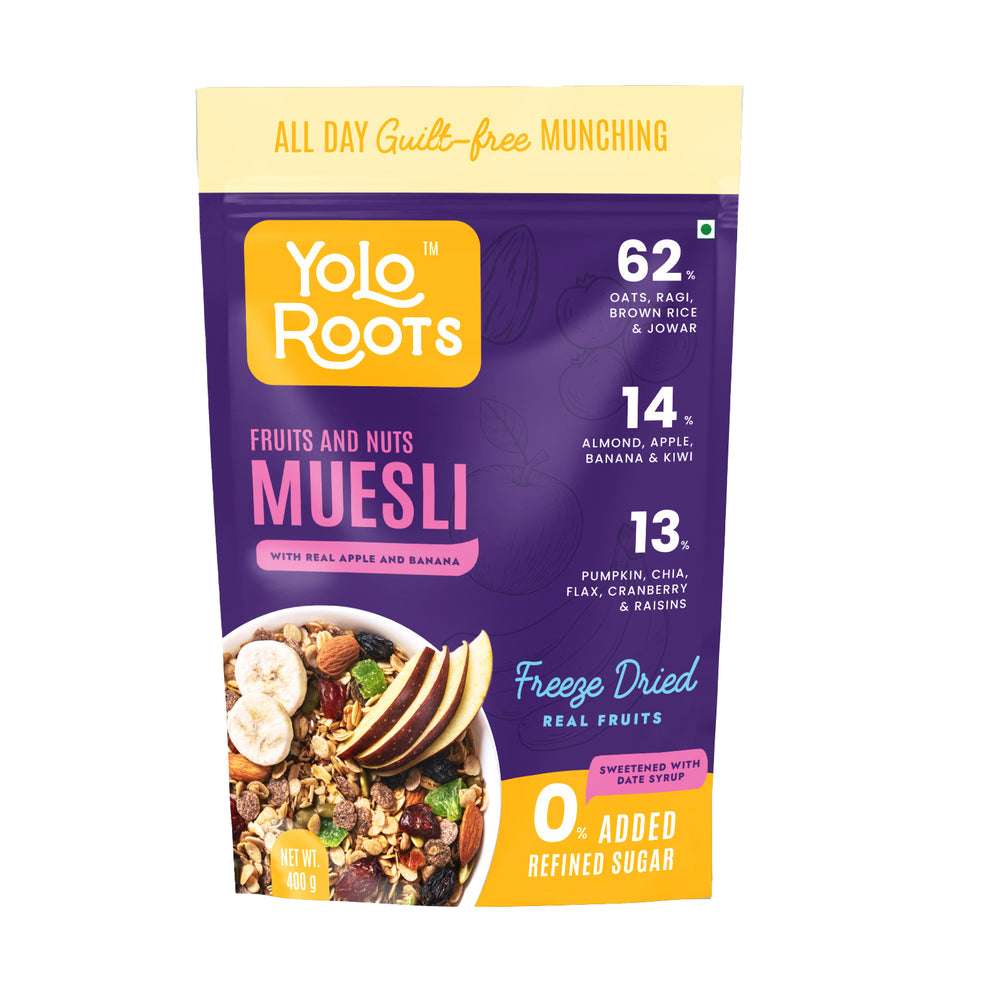Fruit & Nuts Muesli With Real Freeze Dried Apple and Banana – Yolo Roots