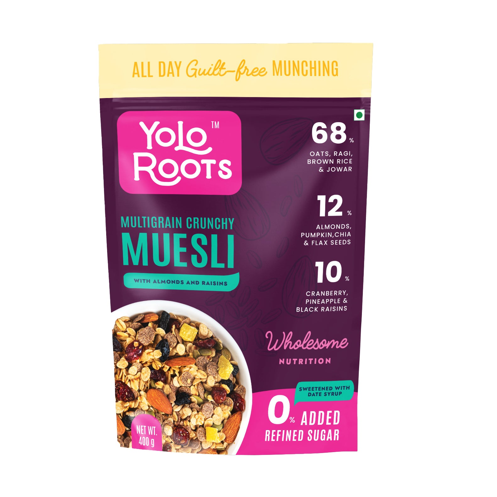 Multigrain Crunchy Muesli with Almonds & Raisins – Yolo Roots