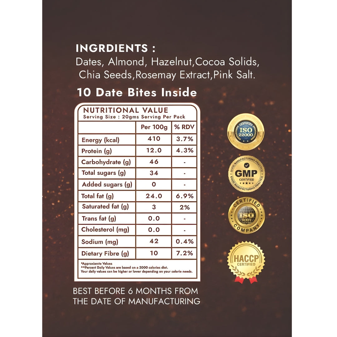 Yolo Roots Date & Nut Bites Hazelnut Cocoa Flavor 200g | No Added Sugar | Healthy Chocolate